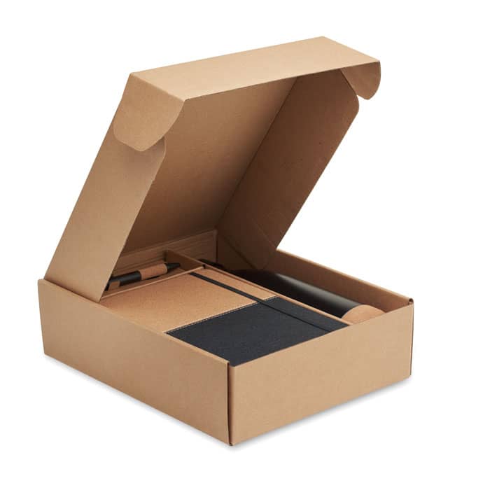 A gift box containing a notebook, pen, and a drink bottle, with a combination of natural and black colours.