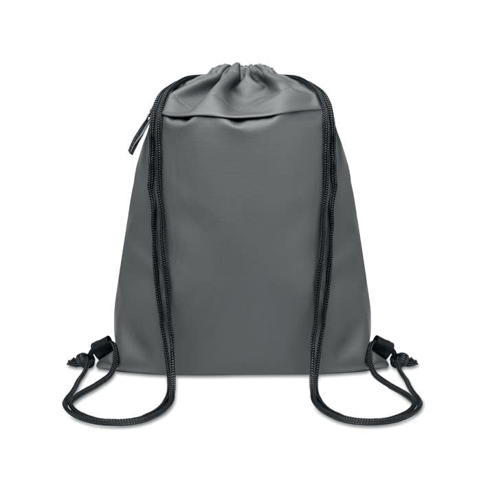 A grey drawstring bag with black straps and a subtle logo at the top.