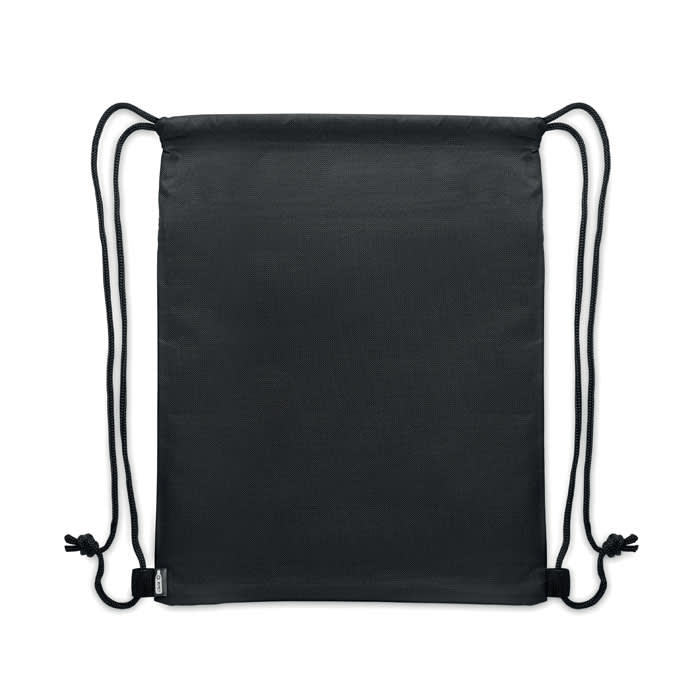 A black drawstring bag featuring a simple design and adjustable cords. It includes a logo on its front.