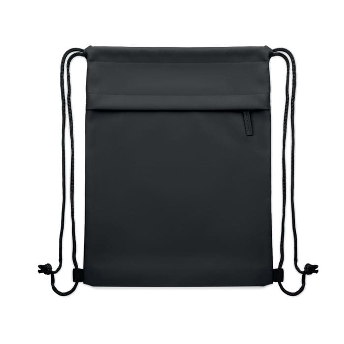 A black drawstring bag with a front pocket and adjustable straps, featuring a logo.