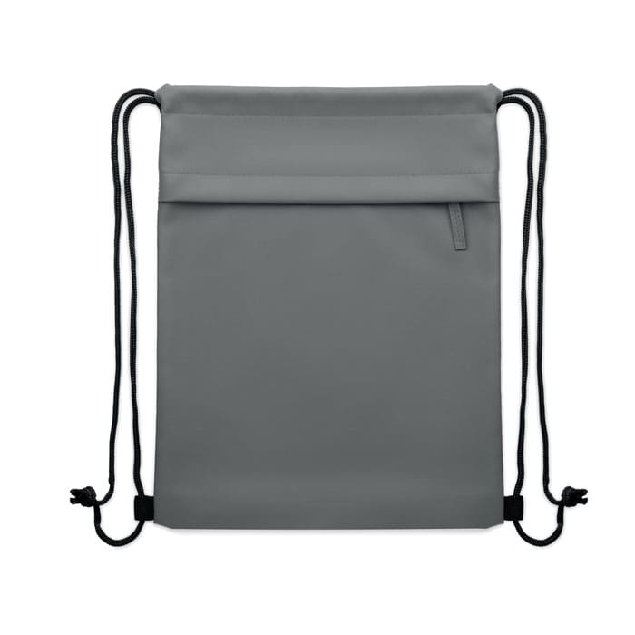 A grey drawstring bag with a front pocket and adjustable cords, featuring a logo on the front.