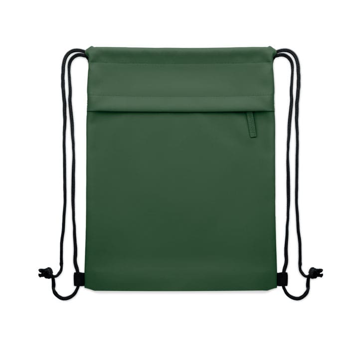 A green drawstring bag featuring a front pocket and black cords. It includes a logo on the design.