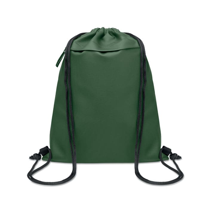 A green drawstring backpack featuring black cords and an additional zip pocket at the top, with a branding logo.