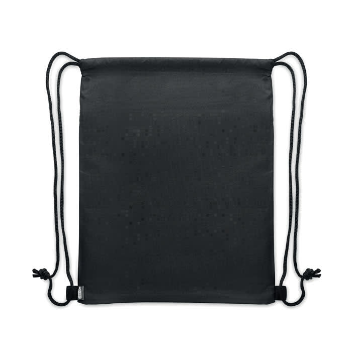 A black drawstring bag with two cords for closure and a minimalist design. Features a logo on one side.