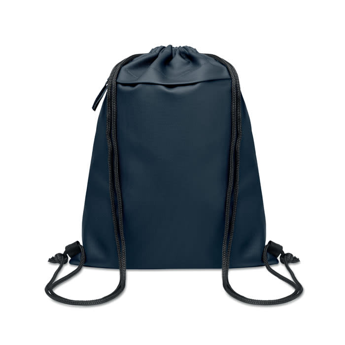A navy drawstring bag featuring a sleek design and black cord straps, with a logo displayed on the front.