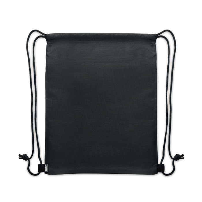 A drawstring bag in black with adjustable cords at the top for closure and carrying. It features a logo.