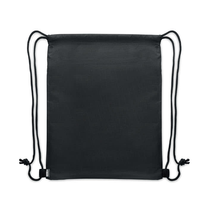 A drawstring bag in solid black with reinforced corners and adjustable strings. It features a logo branding.