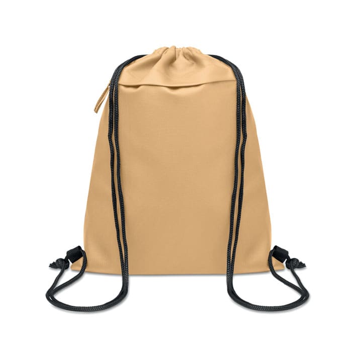 A drawstring bag in beige with black cords. It features a simple design and a logo.