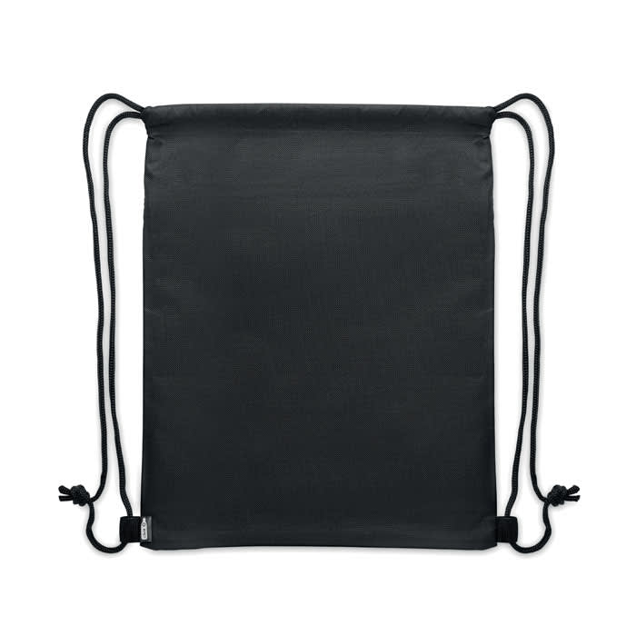 A black drawstring bag with sturdy cords and a plain design, featuring a logo at the bottom.
