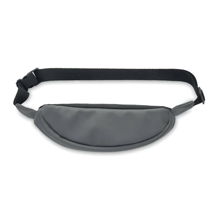A grey waist bag with a curved design and adjustable black strap, featuring a brand logo.