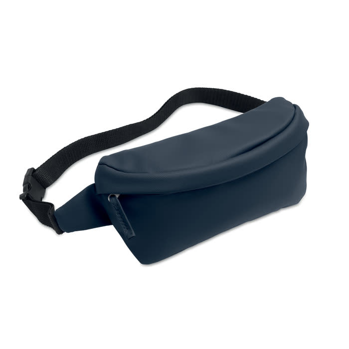A navy waist bag with a zippered compartment and an adjustable strap. It features a simple, sleek design.