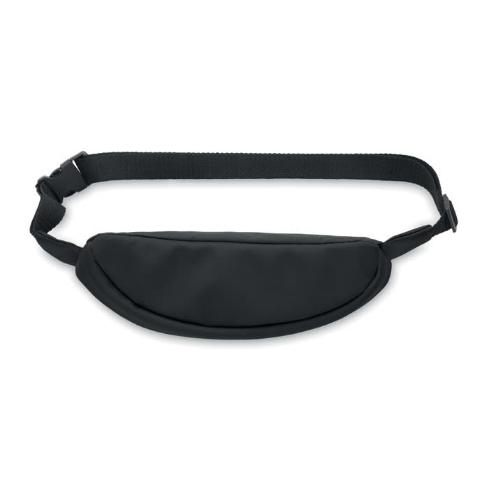 A black waist bag with a curved design and adjustable strap, featuring a logo on the front.