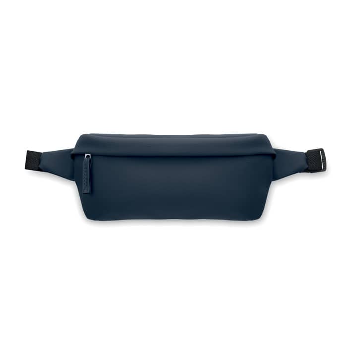 A waist bag in navy blue with a zippered pocket and adjustable straps. The bag has a sleek design and features branding.
