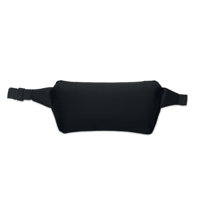 A waist pouch in solid black, featuring adjustable straps and a sleek design. It has a logo on the surface.