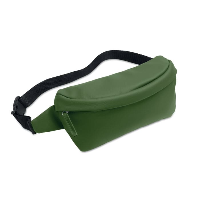 A green waist bag with a zip closure and an adjustable strap, featuring a smooth exterior and minimalistic design.