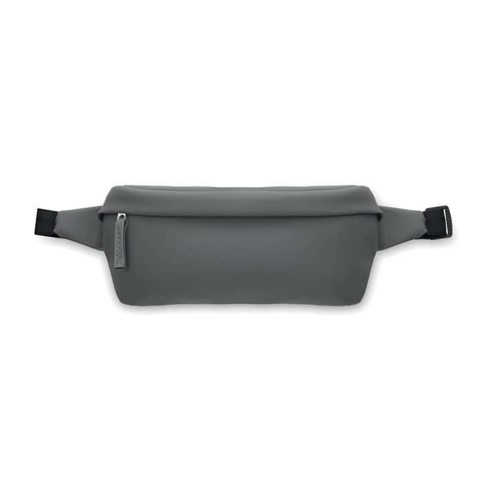 A waist bag in grey featuring a sleek design and an adjustable strap. It has a logo on the side.
