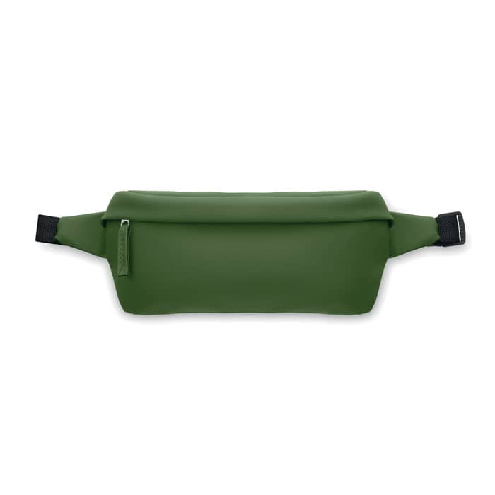 A green waist bag with a zippered compartment and adjustable strap. The bag has a smooth, seamless design and a logo.