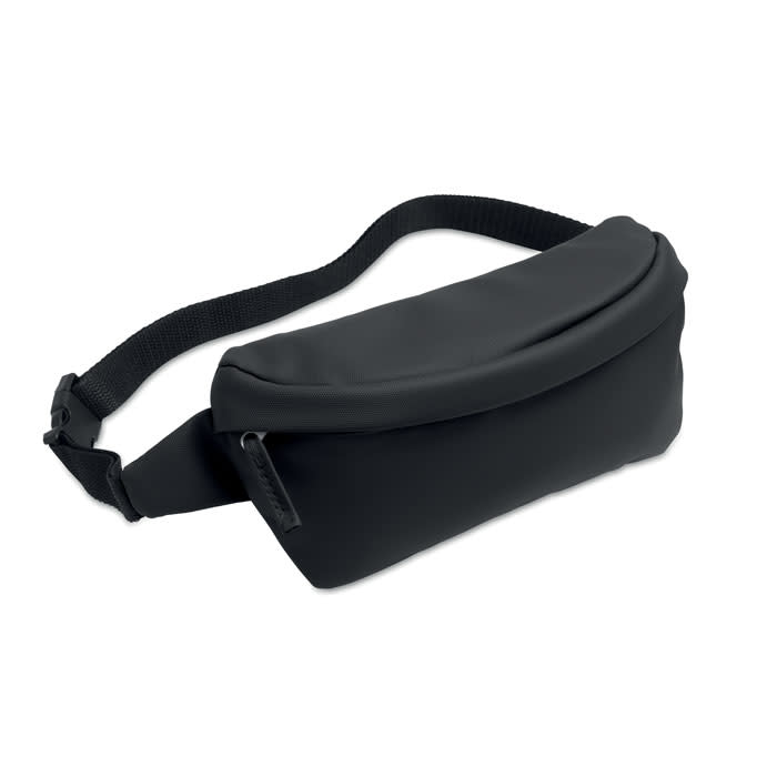 A black waist bag with a sleek design, featuring a zip closure and an adjustable strap. It has a logo.