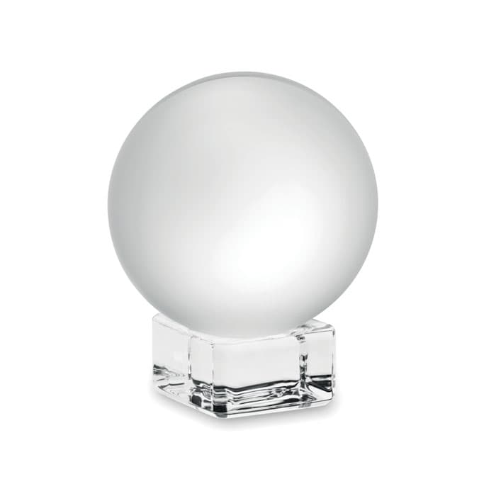 A glass decorative orb in a matte finish, sitting on a clear glass square base.