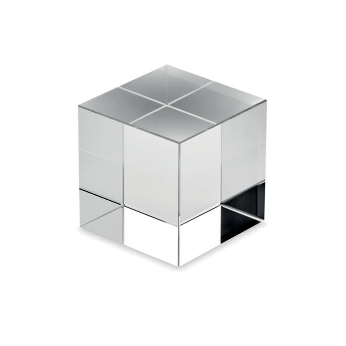 A mirrored cube with reflective surfaces showcasing a geometric design, featuring multiple square faces.