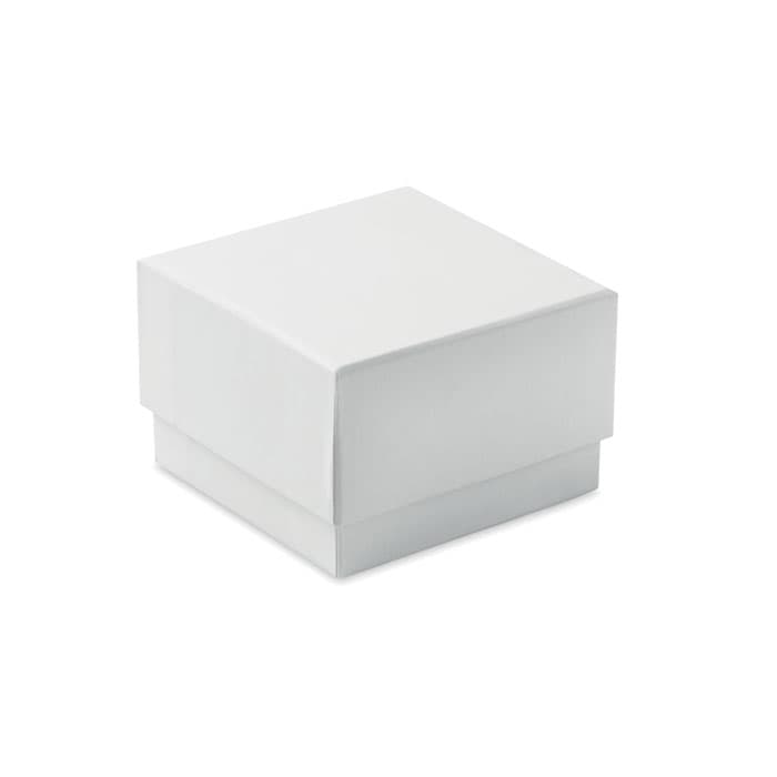 A white box with a lid, featuring a smooth surface and square shape.