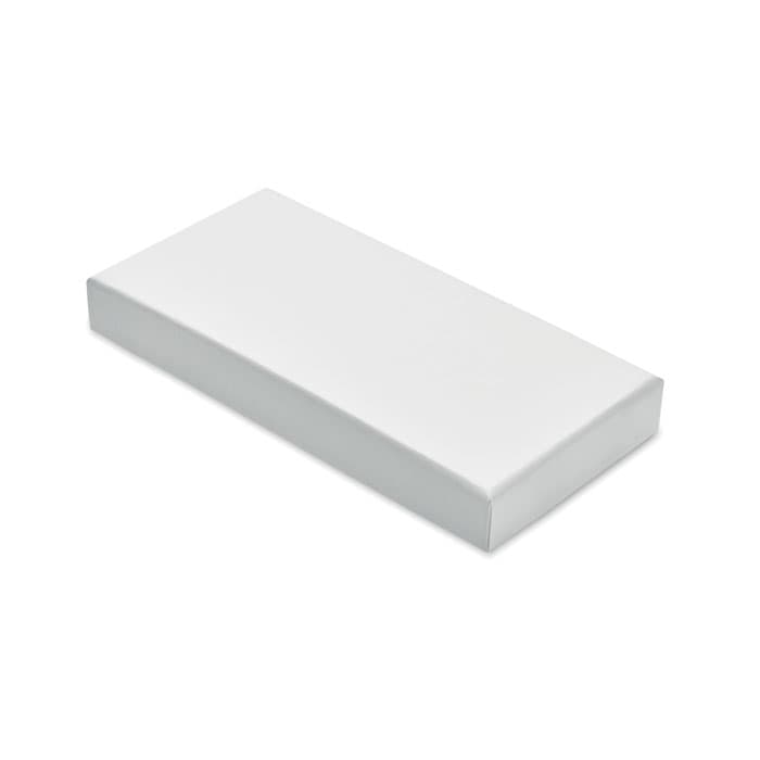 A rectangular mattress in white, with a smooth, seamless surface and rounded edges. It features a brand logo.