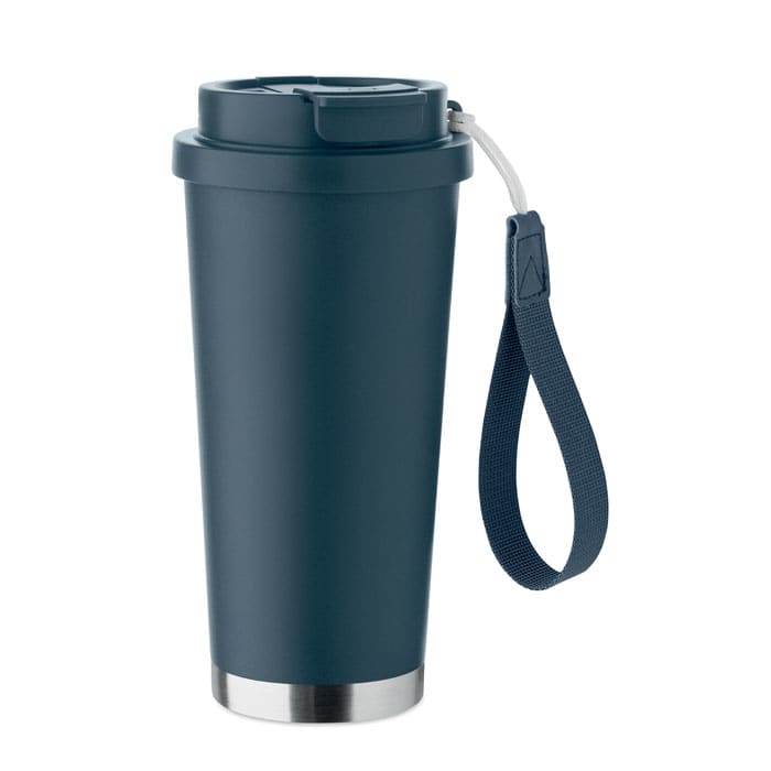 A drink bottle in dark blue with a silver base and a strap for carrying, featuring a secure lid.