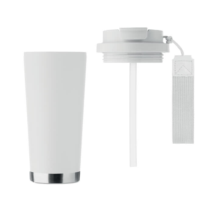 A drink bottle in white with a silver base, featuring a screw-on lid and a straw attachment.