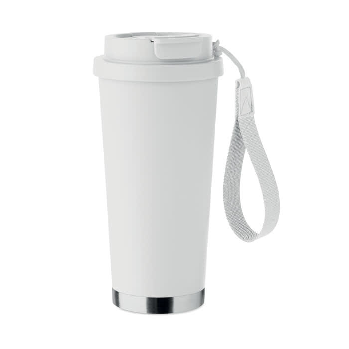 A drink bottle in white with a silver base and a carry strap. It features a lid and has a logo.