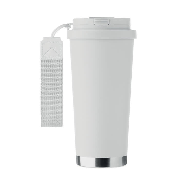 A drink bottle in white with a silver base and a grey strap for easy carrying. It features a logo on the side.