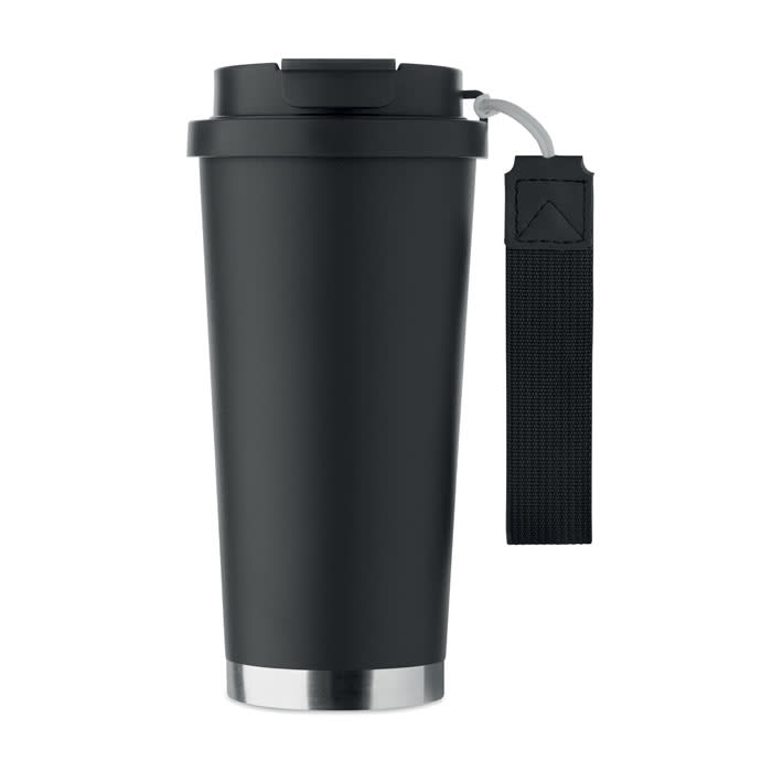 A drink bottle in matte black with a stainless steel base and a textured strap attached. It features a lid.