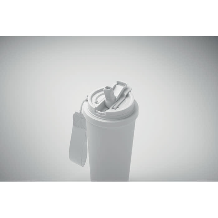 A drink bottle in white with a secure lid and handle, featuring a branding logo.