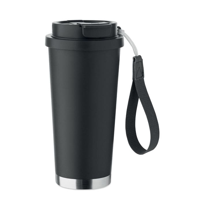 A drink bottle in matte black with a stainless steel base and a black strap for carrying. It features a logo.
