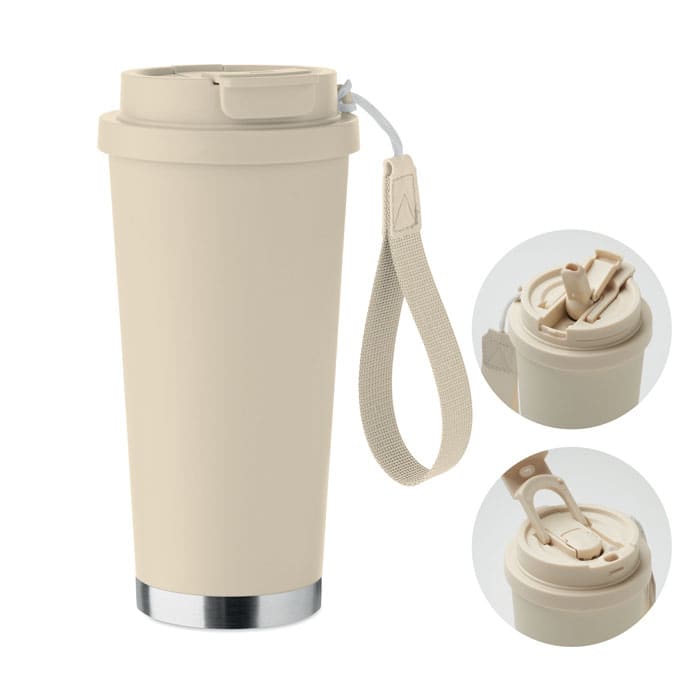 A drink bottle in a light beige colour with a silver base, featuring a lid with a straw and a handle.