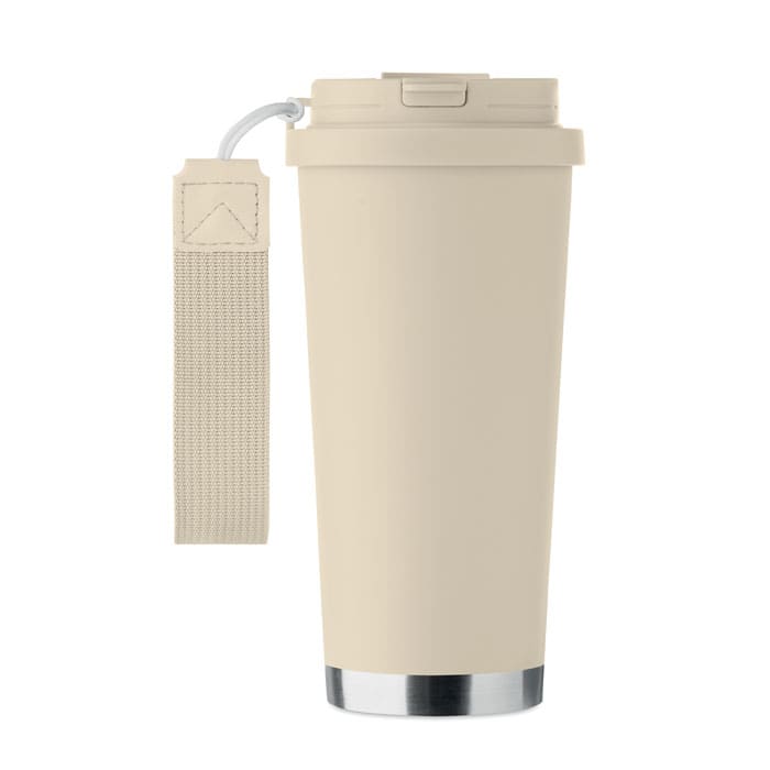 A drink bottle in a beige colour with a stainless steel bottom and a handle attachment. It features a lid for easy access.