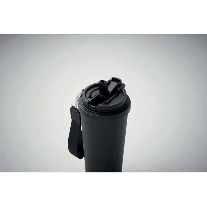 A drink bottle in matte black with a secure lid and a handle for easy carrying. Includes a logo on the side.