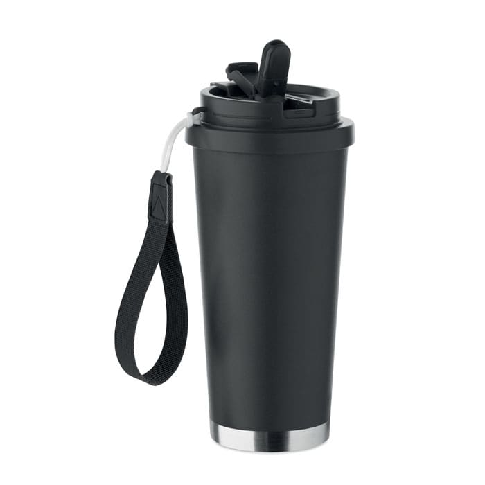 A drink bottle in matte black with a stainless steel base and a black strap for easy carrying.