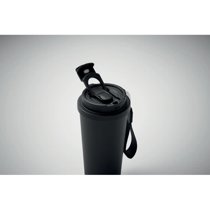 A drink bottle in matte black with a secure lid and a carrying strap. Features a branding logo on the body.