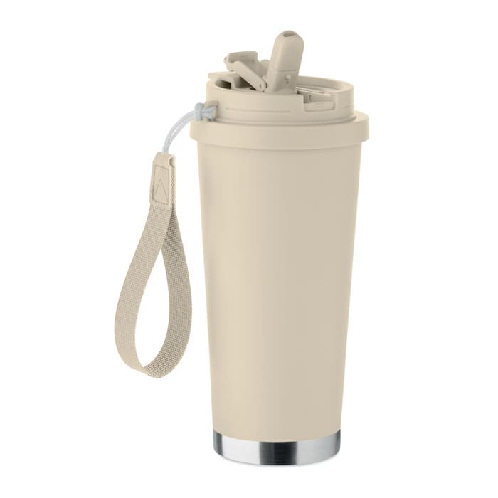 A drink bottle in cream with a metallic base, featuring a straw and a strap for carrying. It has a logo.