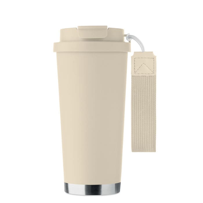 A drink bottle in a light beige colour with a metal base and a strap attached for easy carrying.