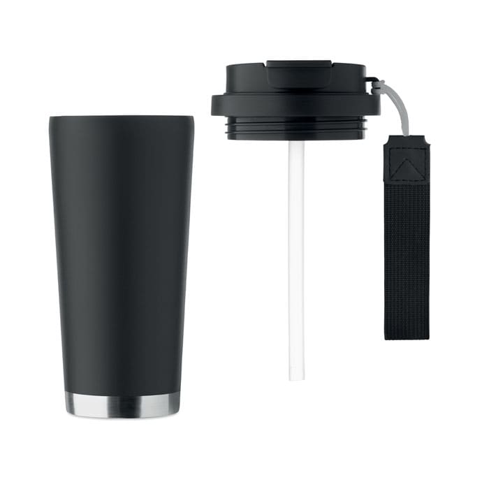 A drink bottle in matte black with a removable lid, straw, and a strap. Features a silver base.