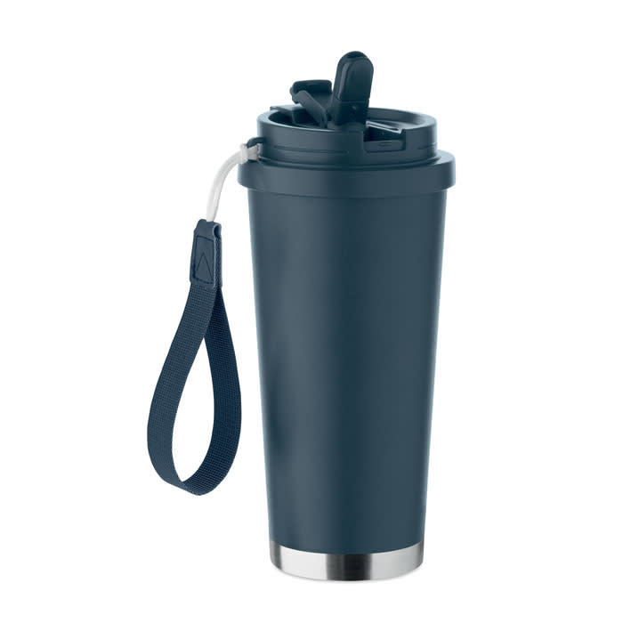 A drink bottle in navy blue with a stainless steel base and a detachable strap for easy carrying.