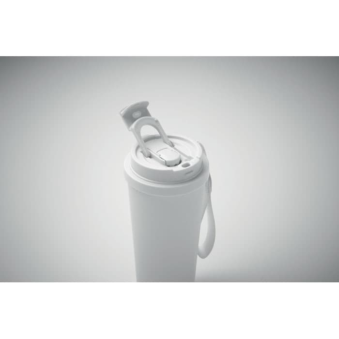 A drink bottle in white with a grey lid featuring a flip-top opening and a carrying handle.