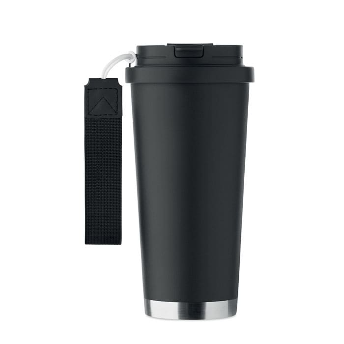 A drink bottle in matte black with a silver base and a strap attached to the lid. It features a logo.