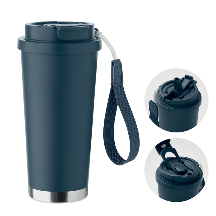 A drink bottle in dark blue with a silver base, featuring a lid and a wrist strap. It has a branding logo.