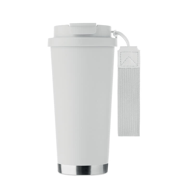 A drink bottle in matte white with a silver base and a grey strap for easy carrying. It features a logo.