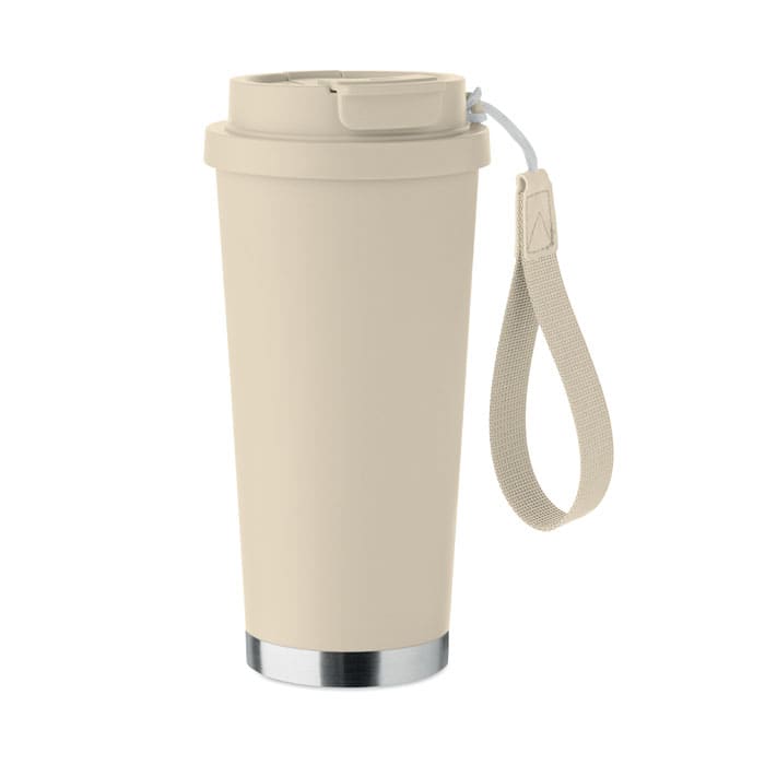 A drink bottle in a beige colour with a silver bottom and a handle strap. It features a lid and a logo.