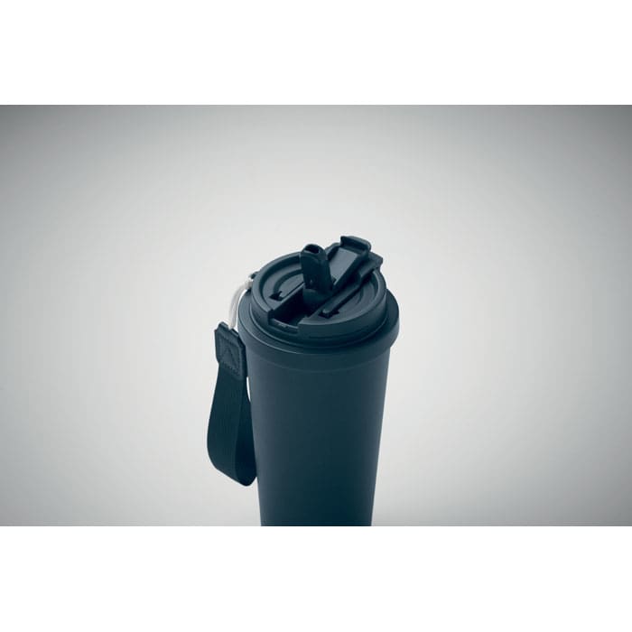 A drink bottle in matte black with a secure lid and carrying strap, featuring a logo.