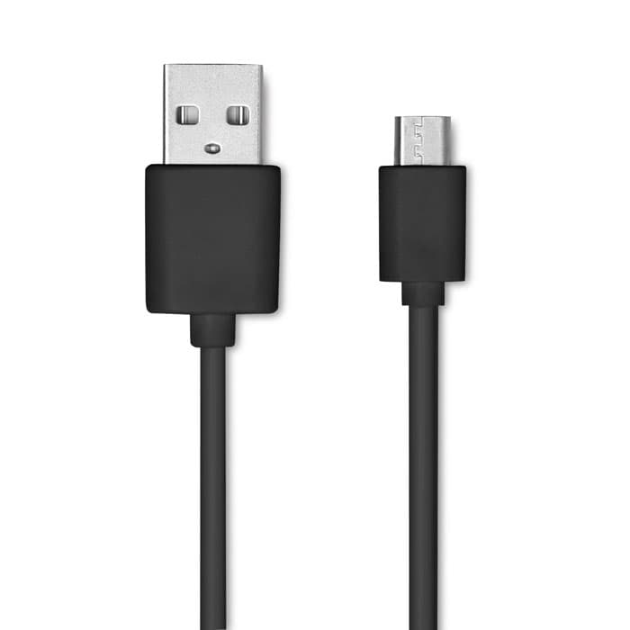 A black USB cable with a standard USB connector on one end and a smaller connector on the other end.