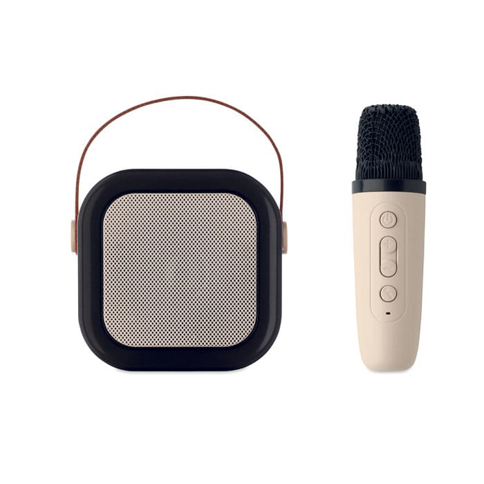 A compact speaker with a black frame and tan handle, accompanied by a beige microphone with controls.